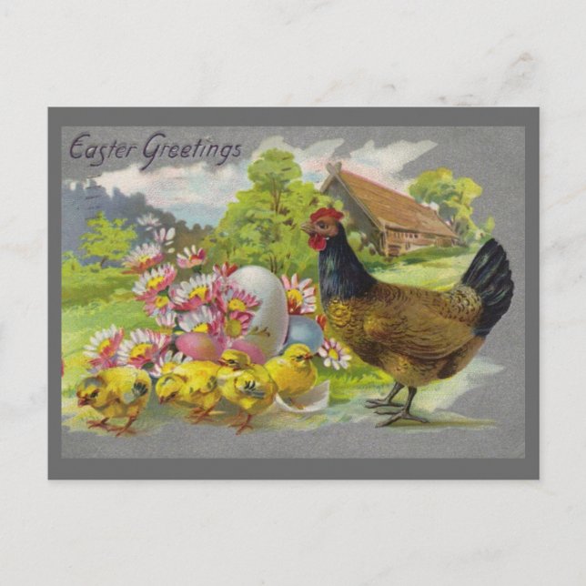 OsterVintag Hunde, Chicks & Pink Blume Postkarte (Vorderseite)