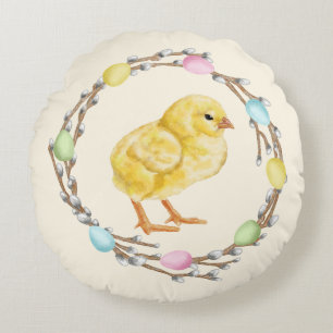 Osterweidenkranz im Pastell mit Babyküken Rundes Kissen