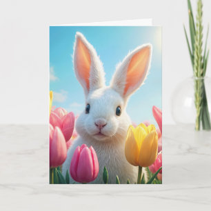 Osterweißer Hase in Tulpen Karte