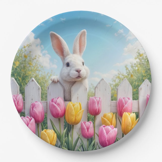 Osterweißes Bunny im Tulip Garten Pappteller (Vorderseite)