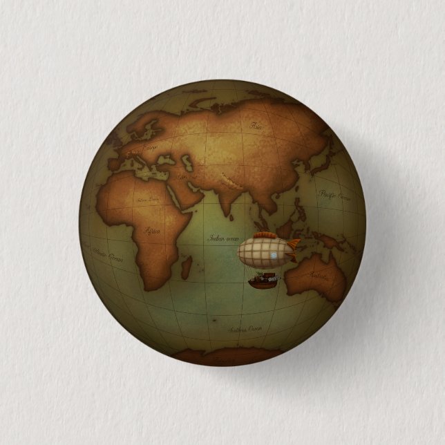 Osthalbkugelkarte mit Luftschiff Steampunk Button (Vorderseite)