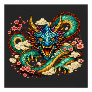 Östlicher Drache & Kirschblüten Fantasy-Kunst Poster