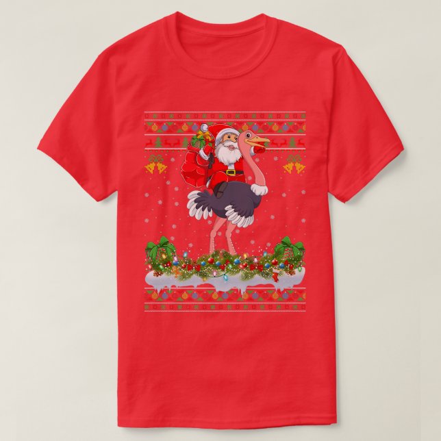 Ostrich Bird Xmas Pajama Ugly Santa Riding Ostrich T-Shirt (Design vorne)