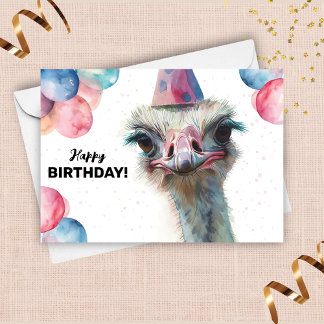 Ostrich Funny Colorful Balloons Happy Birthday Karte