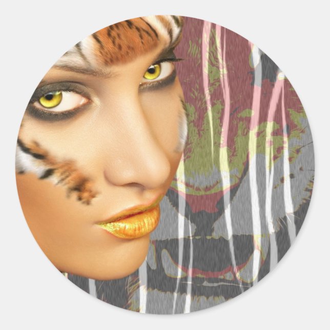 Otherkin Tiger Female Therian art, stunning makeup Runder Aufkleber (Vorderseite)