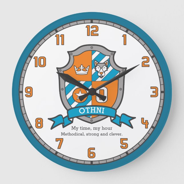 Othni Buchstabe O Name bedeutet Ritter Wolf Orange Große Wanduhr (Vorderseite)