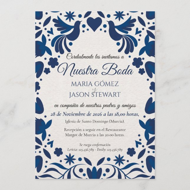 Otomi Blue Floral Elegant Fiesta Spanish Wedding Einladung (Vorderseite)