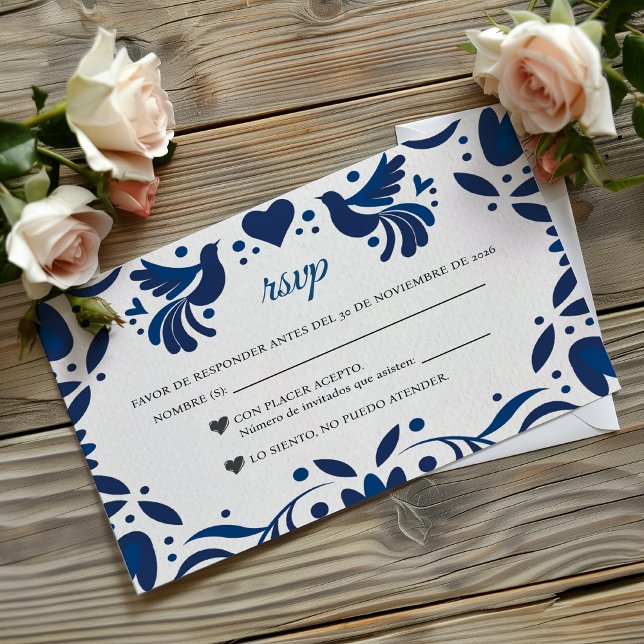 Otomi Blue Floral Elegant Fiesta Spanish Wedding RSVP Karte (Otomi Blue Floral Elegant Fiesta Spanish Wedding RSVP Card)