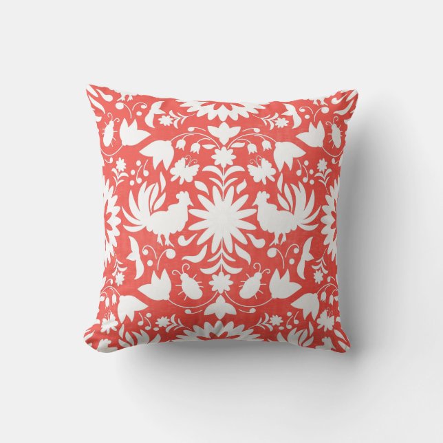 Otomi Druck, Koralle u. weißes Boho Wurfs-Kissen Kissen (Vorderseite)