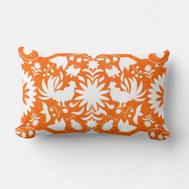 Otomi Druck-, Orange u. weißesBoho Wurfs-Kissen Lendenkissen (Vorderseite)