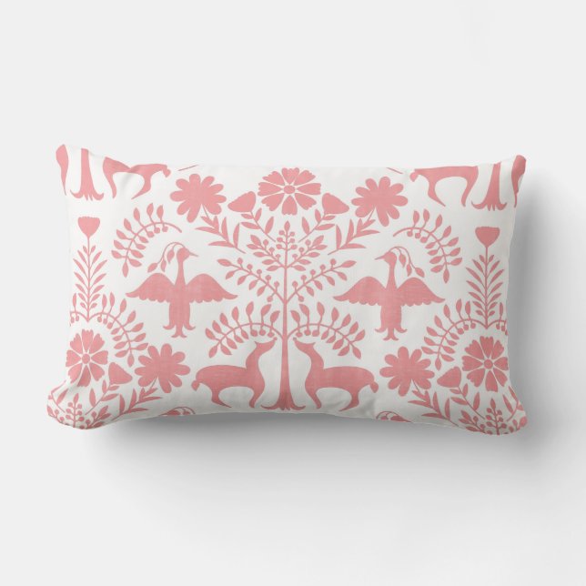 Otomi Druck-, weißes u. Pastellrosa Boho Lendenkissen (Vorderseite)