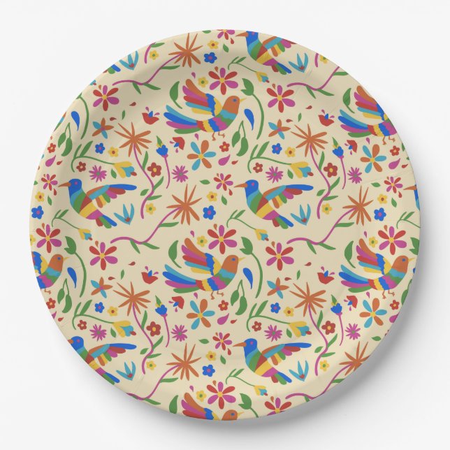 Otomi Farbenfrohe Vögel & Blume Muster niedlicher  Pappteller (Vorderseite)