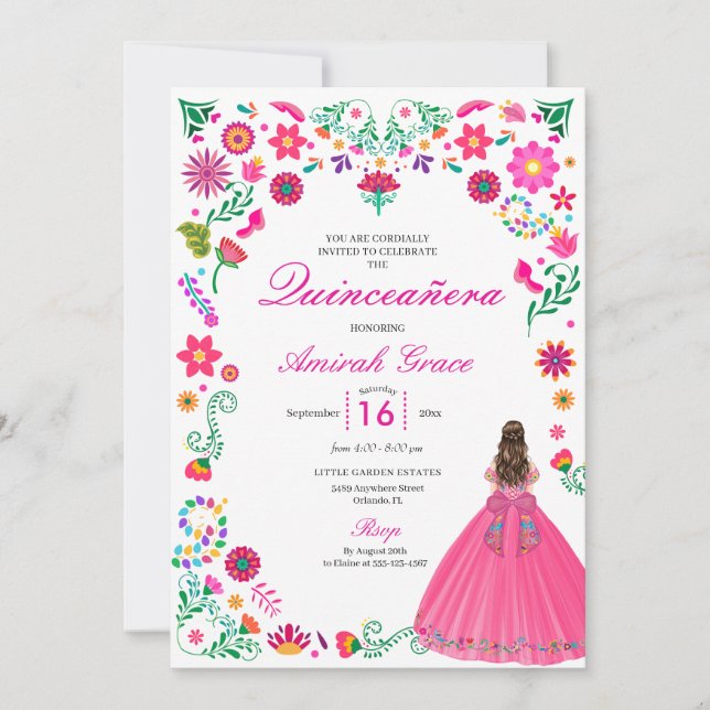 Otomi mexikanische Stickerei Quinceañera Einladung (Vorderseite)