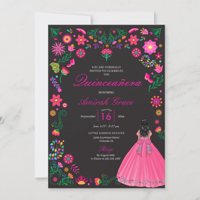 Otomi mexikanische Stickerei Quinceañera Einladung (Vorderseite)