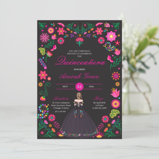 Otomi Stickerei Prinzessin Quinceañera Einladung (Stehend Vorderseite)