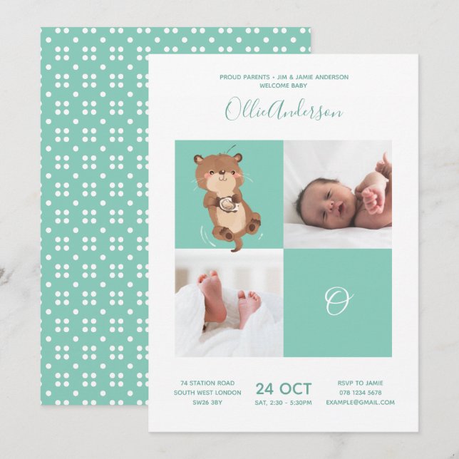 Otter ・ Alphabet Monogramm Niedliche Babydusche Einladung (Vorne/Hinten)