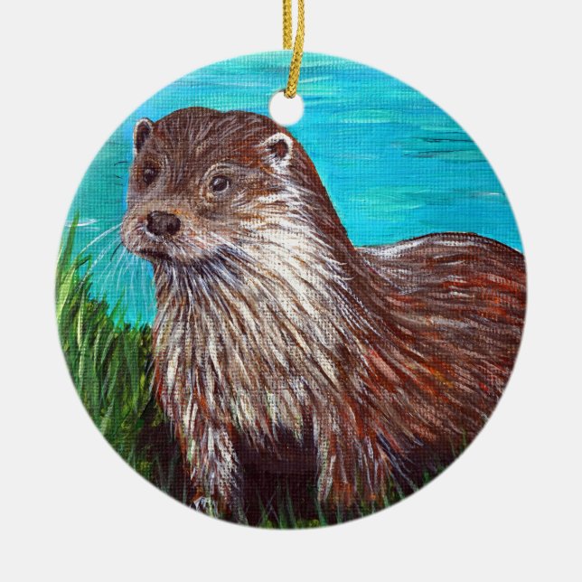 Otter an einem Fluss Malerei Keramik Ornament (Vorne)