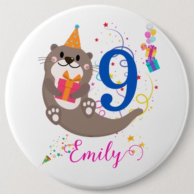 Otter Birthday Girl Party Bunte Balloons Thema Button (Vorderseite)