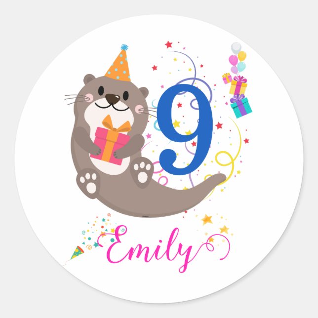 Otter Birthday Girl Party Bunte Balloons Thema Runder Aufkleber (Vorderseite)