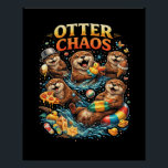 Otter Chaos Poster<br><div class="desc">A playful illustration of mischievous otters splashing in water while enjoying snacks,  toys,  and summer fun in a burst of joyful chaos.</div>