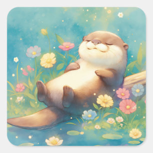 Otter entspannt auf Baumstamm mit farbenfrohen Blu Quadratischer Aufkleber