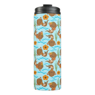 Otter-Familie Orange Blumen Florale Wasser-Tiere Thermosbecher