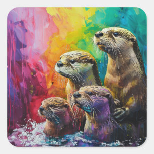 Otter-Familienmalerei Quadratischer Aufkleber