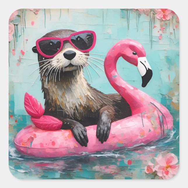 Otter Floating auf einem rosa Flamingo Funny Colla Quadratischer Aufkleber (Vorderseite)