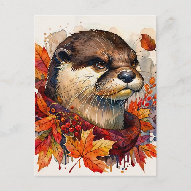 Otter Grump In Autumn Watercolor Postkarte (Vorderseite)