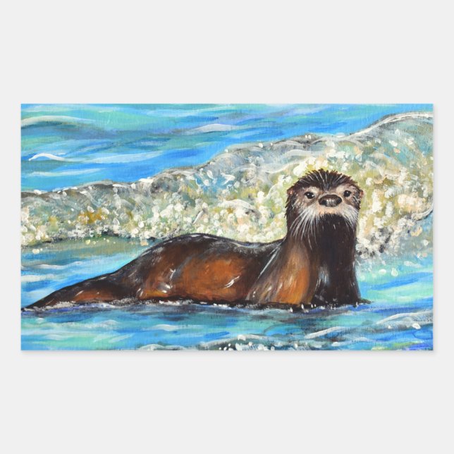 Otter in den Waves 2 Gemälde Rechteckiger Aufkleber (Vorderseite)