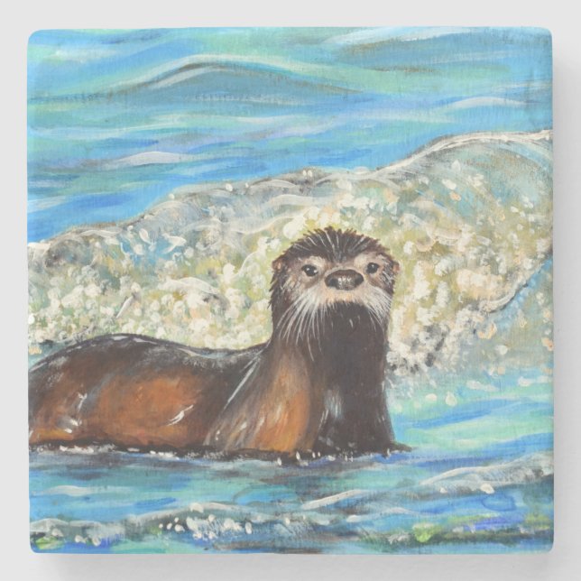 Otter in den Waves 2 Gemälde Steinuntersetzer (Vorderseite)