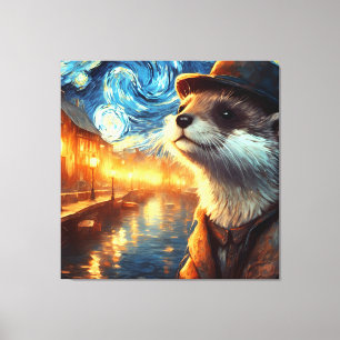 Otter in der Starry Night City Leinwanddruck
