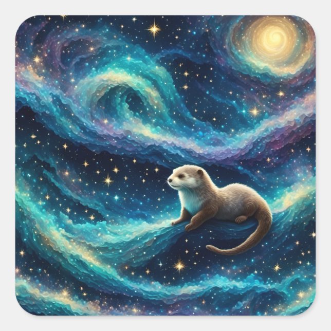 Otter in der Sternennacht Quadratischer Aufkleber (Vorderseite)