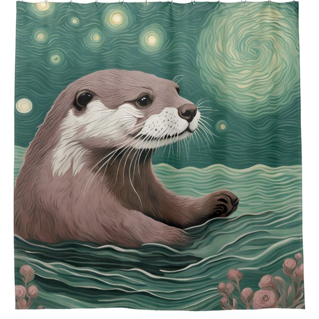 Otter in der Sternennacht und Rose Duschvorhang (Vorderseite)