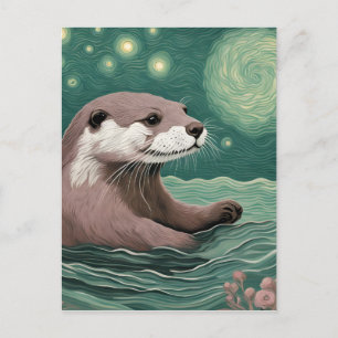 Otter in der Sternennacht und Rose Postkarte