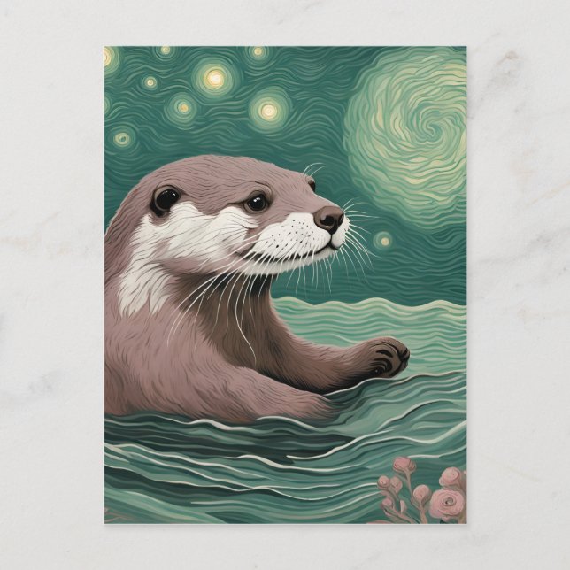 Otter in der Sternennacht und Rose Postkarte (Vorderseite)