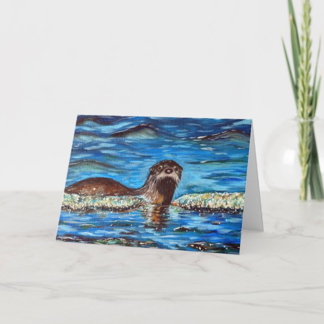Otter in der Waves Painting Grußkarte Karte (Vorderseite)