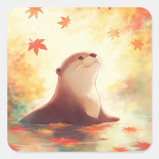 Otter in Water with Falling Autumn Maple Leaves Quadratischer Aufkleber