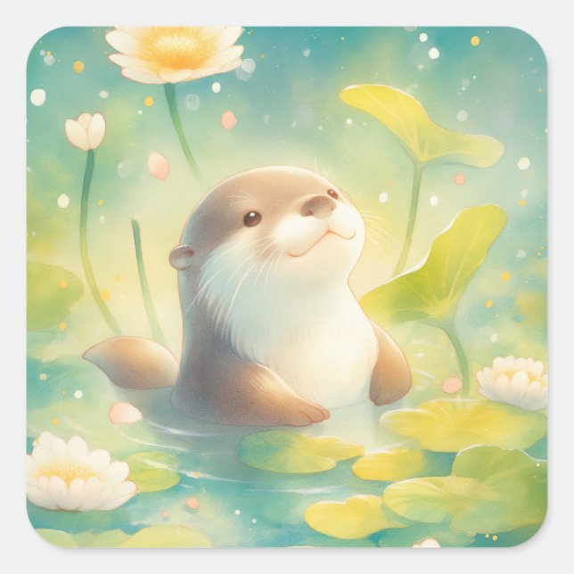 Otter in Water with Yellow and White Lily Flowers Quadratischer Aufkleber (Vorderseite)