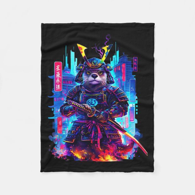 Otter Katana Cyberpunk Neon Samurai Japanese Art  Fleecedecke (Vorderseite)
