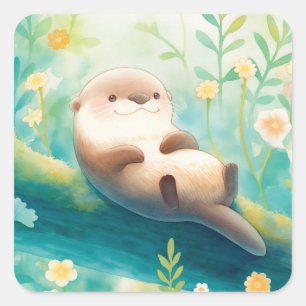 Otter liegt auf Baumstamm in einer frühjahrsgrünen Quadratischer Aufkleber