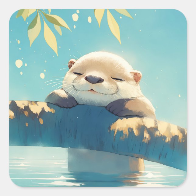 Otter Log Lounge Quadratischer Aufkleber (Vorderseite)