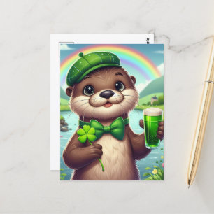 Otter mit grünem Bier, Kleeblättern und Regenbogen Postkarte