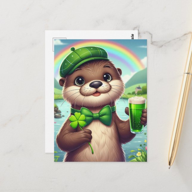 Otter mit grünem Bier, Kleeblättern und Regenbogen Postkarte (Vorderseite/Rückseite Beispiel)