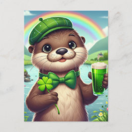 Otter mit grünem Bier, Kleeblättern und Regenbogen Postkarte