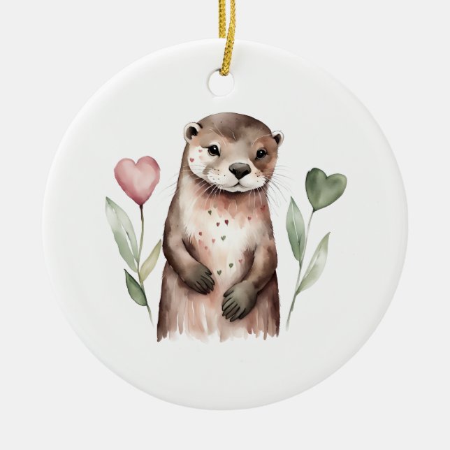 Otter mit herzförmigen Blume Keramik Ornament (Vorne)