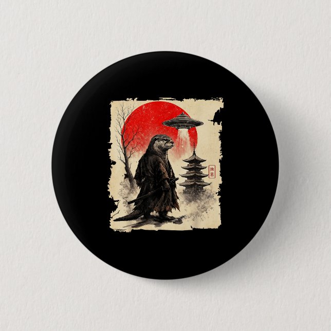 Otter Samurai Retro Ufo Japanese Warrior Art Graph Button (Vorderseite)