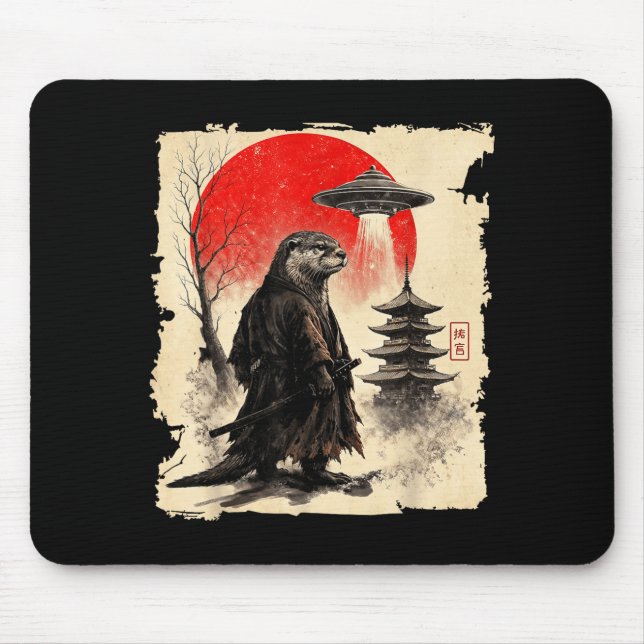 Otter-Samurai Retro-Ufo Japanischer Krieger Kunstg Mousepad (Vorne)