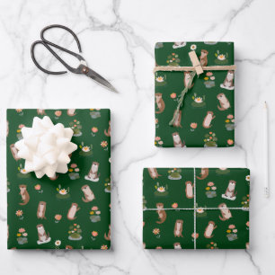 Otter & Seerosen auf dunkelgrün Geschenkpapier Set