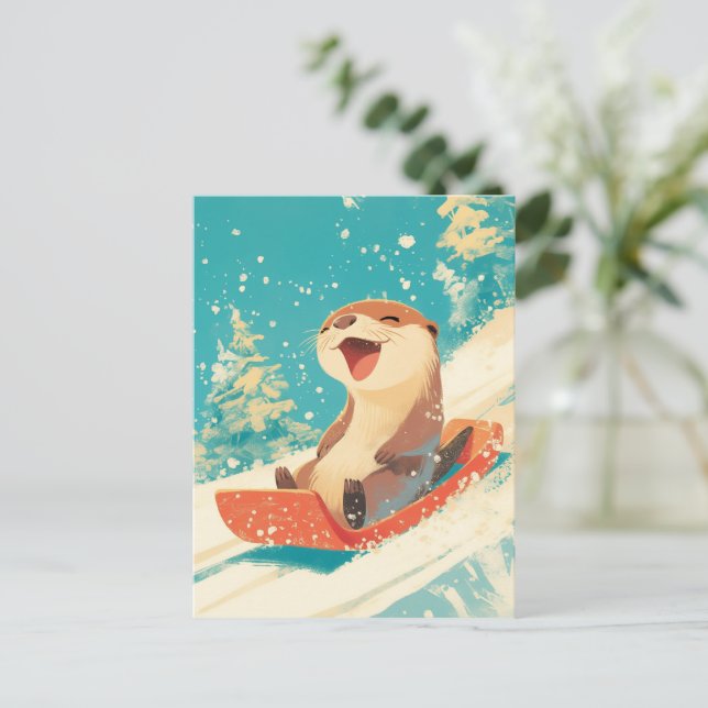 Otter Sledding in Snow Feiertagspostkarte (Stehend Vorderseite)
